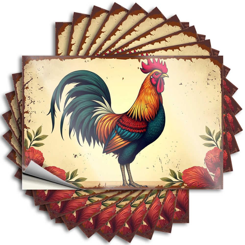 House Stuff Decal - Vintage Coffee Bumper Vibrant Rooster with Floral Border Illustration(12X18CM)