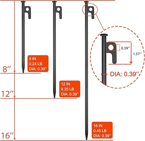 Miniatura 7 de RIY Estacas para tienda de campaña, 8 estacas de acero resistente de 12 pulgadas con martillo de camping de 12 pulgadas