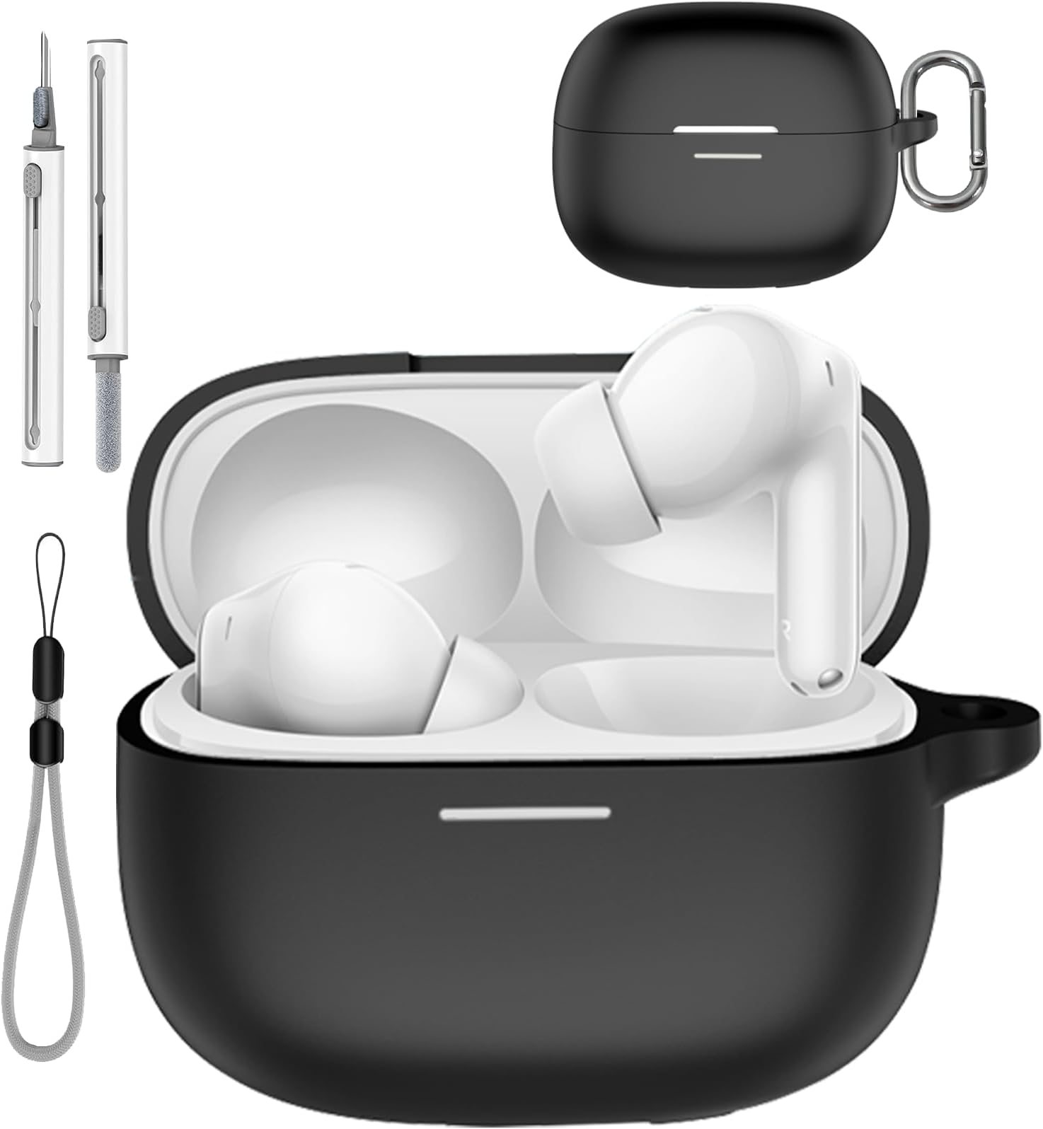 for Redmi Buds 8 Pro/Redmi Buds 6 Pro Case Cover with Cleaner Kit, Soft Skin Silicone Case Cover with Keychain and Lanyard，Full Protective Case for Men and Women-Black