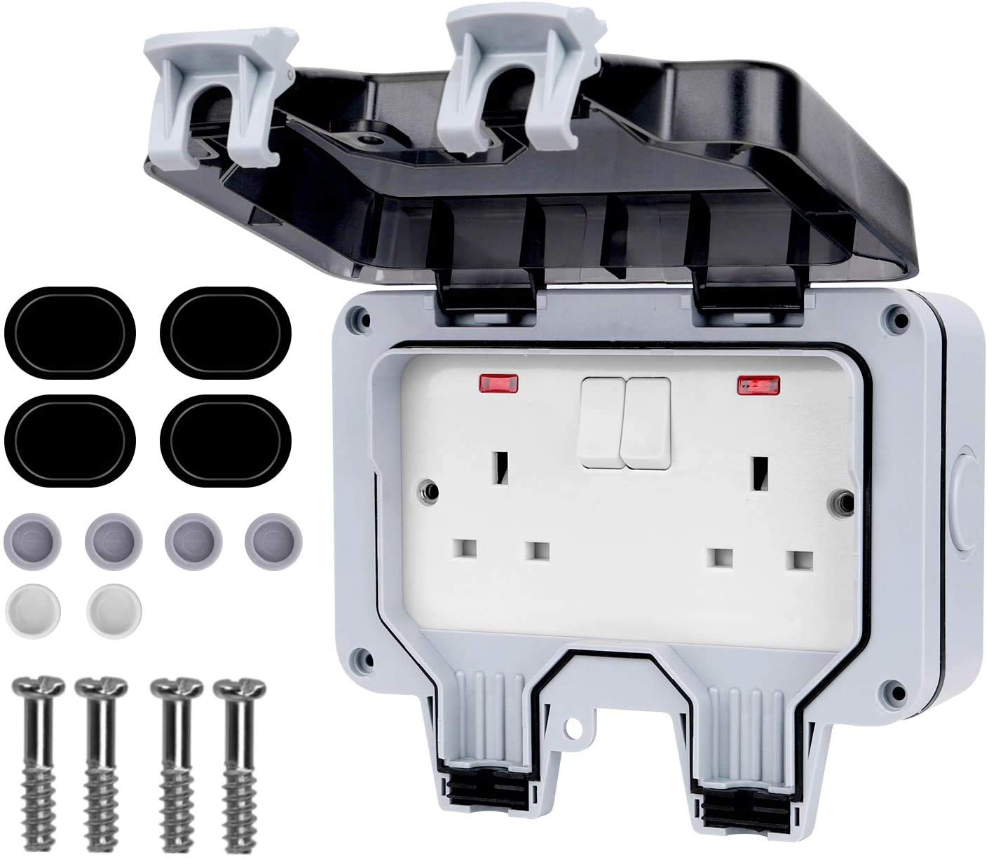 Outdoor Socket, IP66 2 Gang Waterproof Double Socket, Wall Electrical