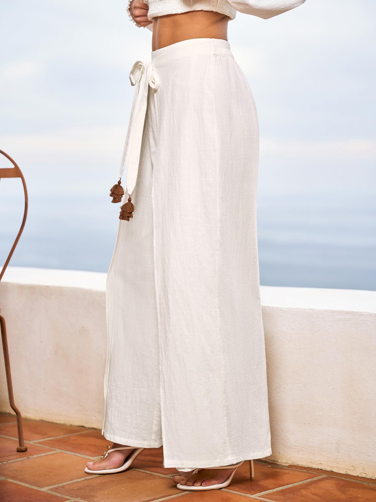CUPSHE Pantaloni da donna a gamba larga a vita alta in cotone palazzo gamba spaccata pantaloni con nappa cravatta cintura estate spiaggia vacanza copertura up