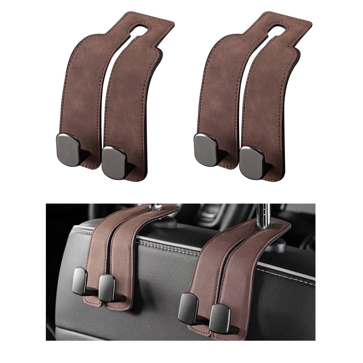 2 PCS Car Seat Headrest Hook, Back Seat Hanger with Double Flexible Leather Hooks, Soft Leather Double Headrest Metal Hooks Purse Handbag Organizer, Car Accessories (Brown)-image-9