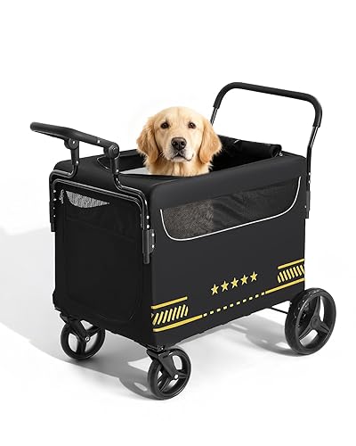 All Terrain Pet Stroller for Medium & Large Dogs with Ramp, Foldable Dog Stroller with Brakes, 3 Entrances, Dual Adjustable Handles with Reversible