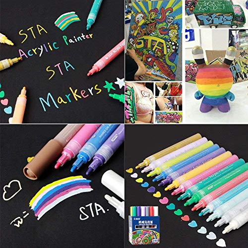 STA Acrylic Paint Pens Marker Pens for Rock Painting, Glass, Porcelain, Mug, Wood, Fabric, Canvas, DIY Craft Projects with Extra-fine Medium-Tip (12 Colors) - Thumbnail 5