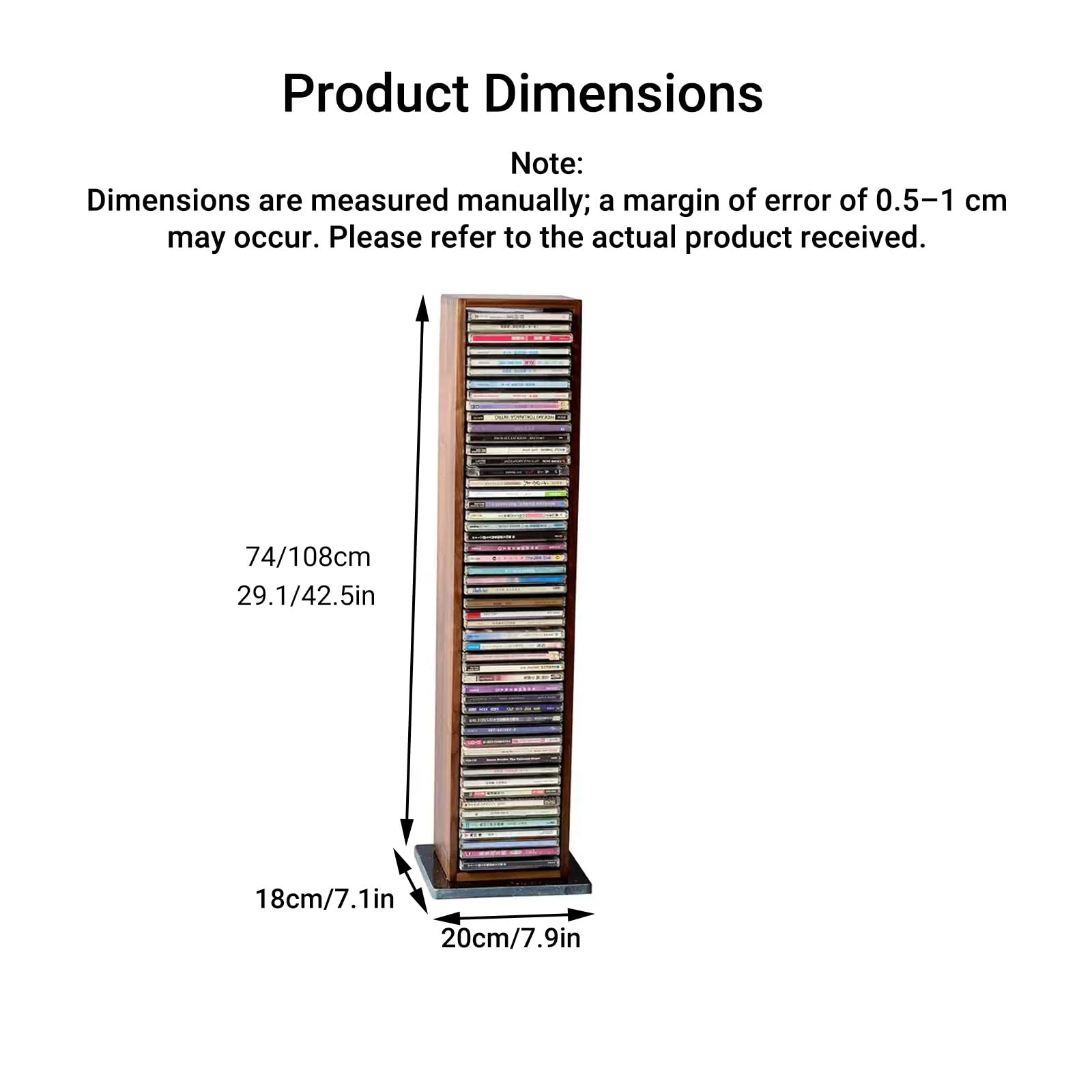 Estante Vinilos Madera Maciza, Soporte CD Vertical Nogal. | Estante vertical para discos de vinilo, mueble organizador para salón, sala de música.(20x18x108cm/7.9x7.1x42.5in)
