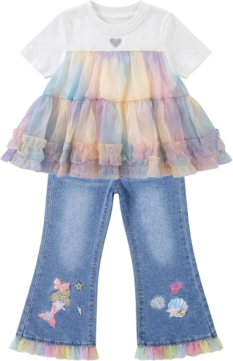 Peacolate Summer 4-10Years Girl KIds Casual Clothes Short Sleeve T Shirt Jeans 2pcs Outfits