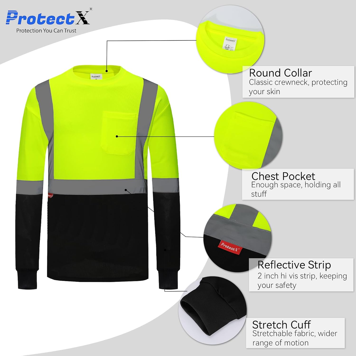 ProtectX High Visibility Long Sleeve Shirts Reflective Hi Vis Safety Shirt for Men Women Class 2-3 Construction Shirt 1 Pack - Image 2