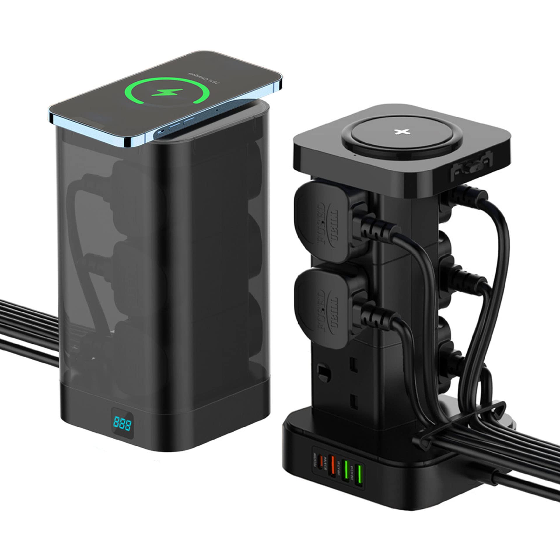 Tower Extension Lead with USB C Slot & Wireless Charger, Surge Protector Multi Plug Socket 6 Way Outlet Heavy-Duty Power Strip Extension Cord 3M, Smart Charging Station PD30W QC3.0
