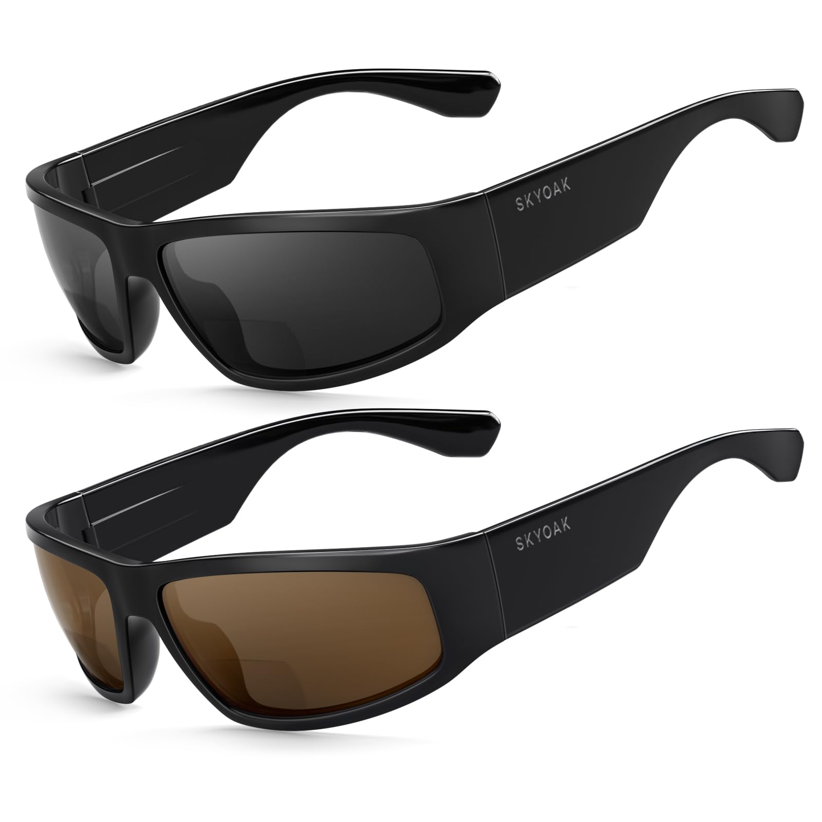 Photo 1 of 2 PACK Unbreakable Bifocal Reading Sunglasses for Men, Wrap Around Sun Reader Heavy Duty Temple UV400 Outdoor Sports Driving Finshing (Black & Grey +2.5)