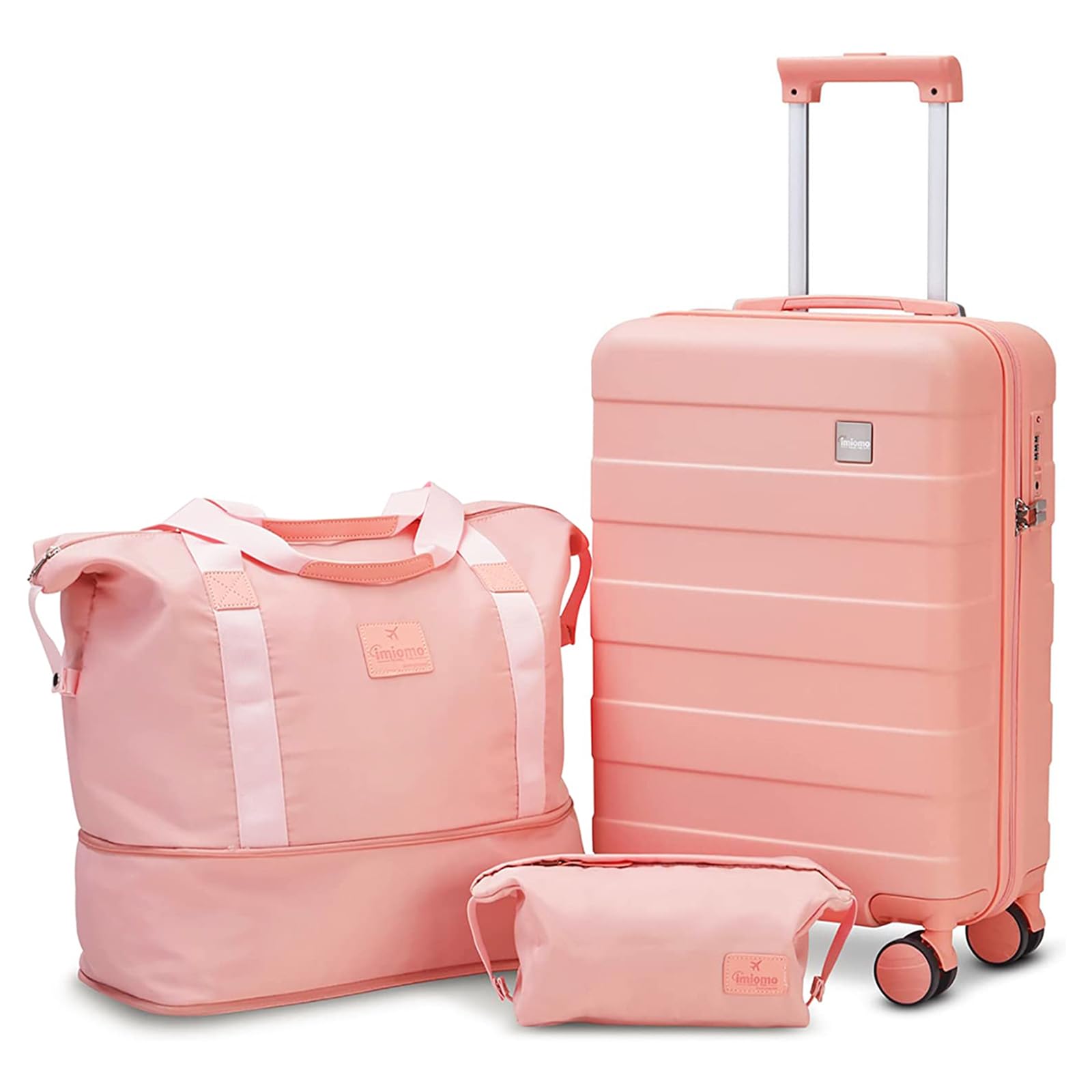 imiomo Set di valigie 3 pezzi valigia da viaggio rigida in ABS Trolley 4 ruote La valigia contiene 1 astuccio per cosmetici e 1 borsa portatile Rosa