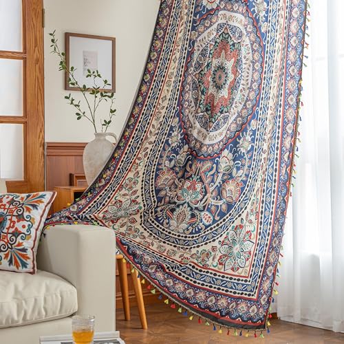 Image of Multicolor Medallion Curtains 96 Inches Long, Boho Farmhouse Light Filtering Rod Pocket Drapes with Tassel Trim for Bedroom Living Room, 2 Panels