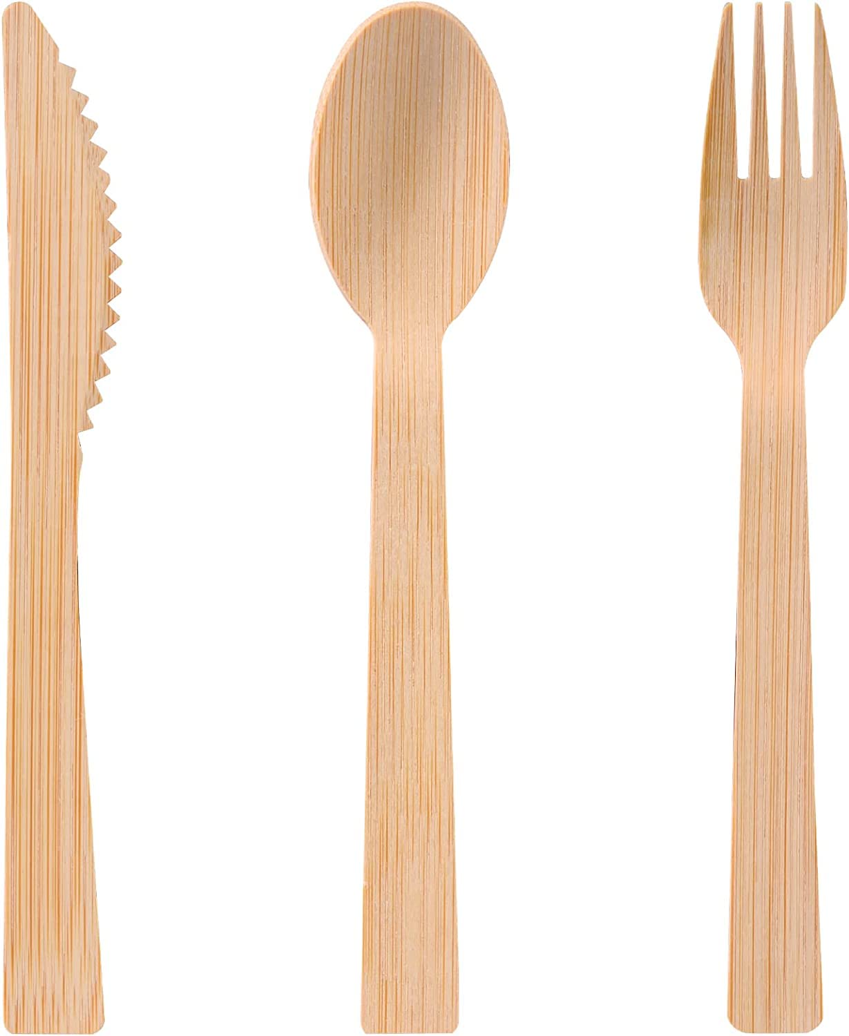 Set di 100 posate compostabili in legno di bambù, confezionate singolarmente, 100 confezioni di cucchiaio, forchetta e coltello, con fazzoletto di carta, biodegradabili