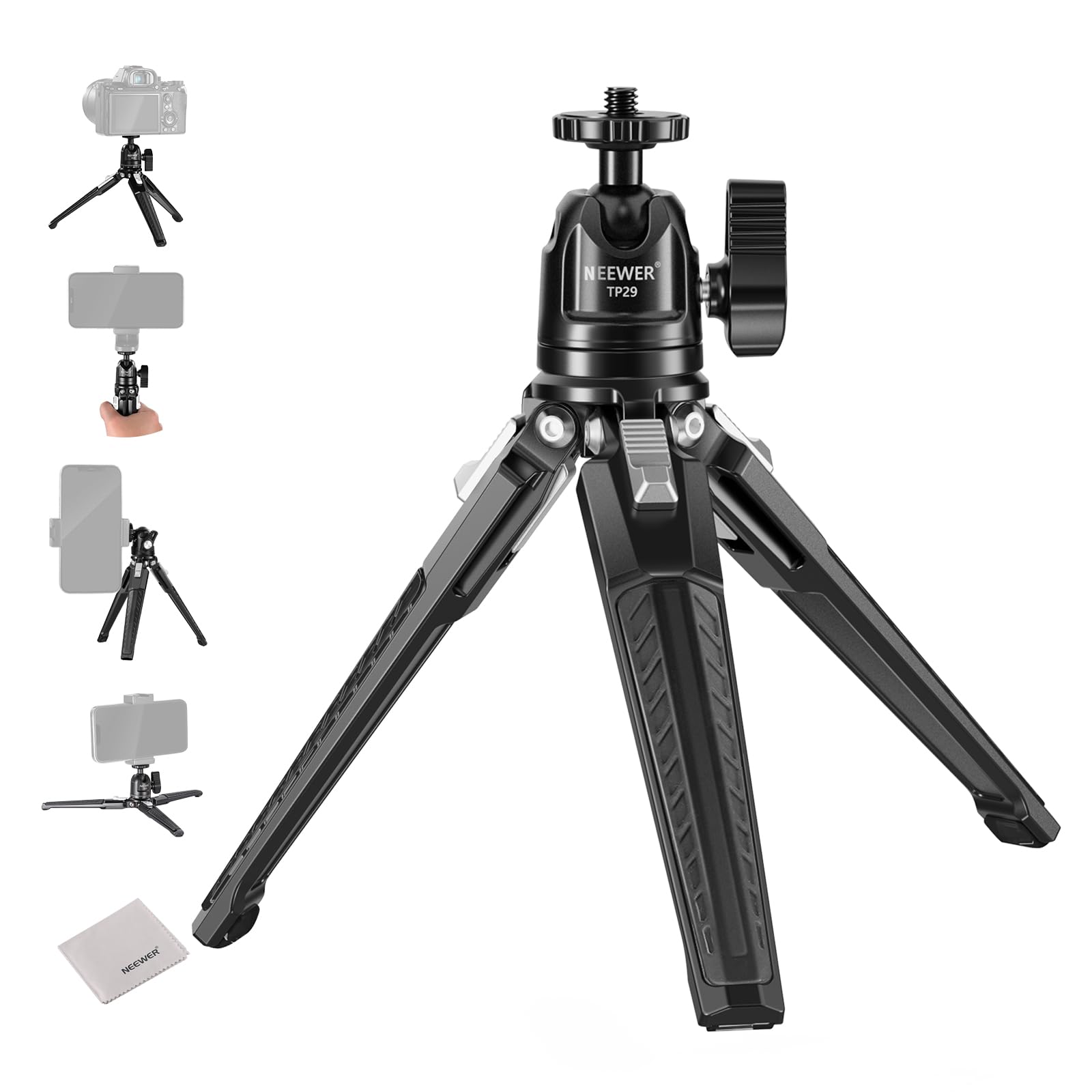 NEEWER Mini Desk Tripod, Metal Table Top Small Portable Travel Selfie Stick Stand with 360° Ball Head & 1/4" Screw for Camera Mobile Phone Holder Action Cam, Cleaning Cloth, Max Load 6.6 lbs, TP29-image-39