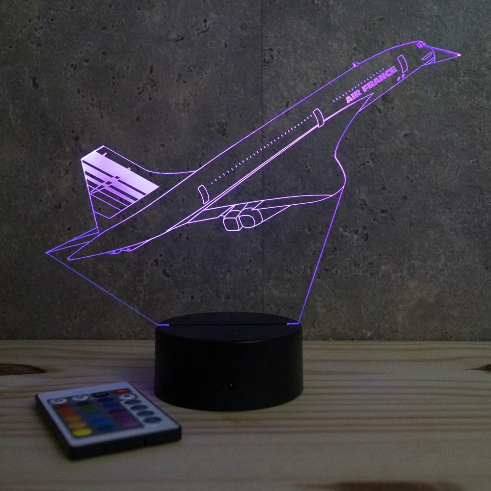 Lampe LED 3D Concorde – Veilleuse 16 Couleurs + Télécommande – Cadeau Passion Aviation & Avion Supersonique – Décoration Aéronautique – Fabrication Française Artisanale