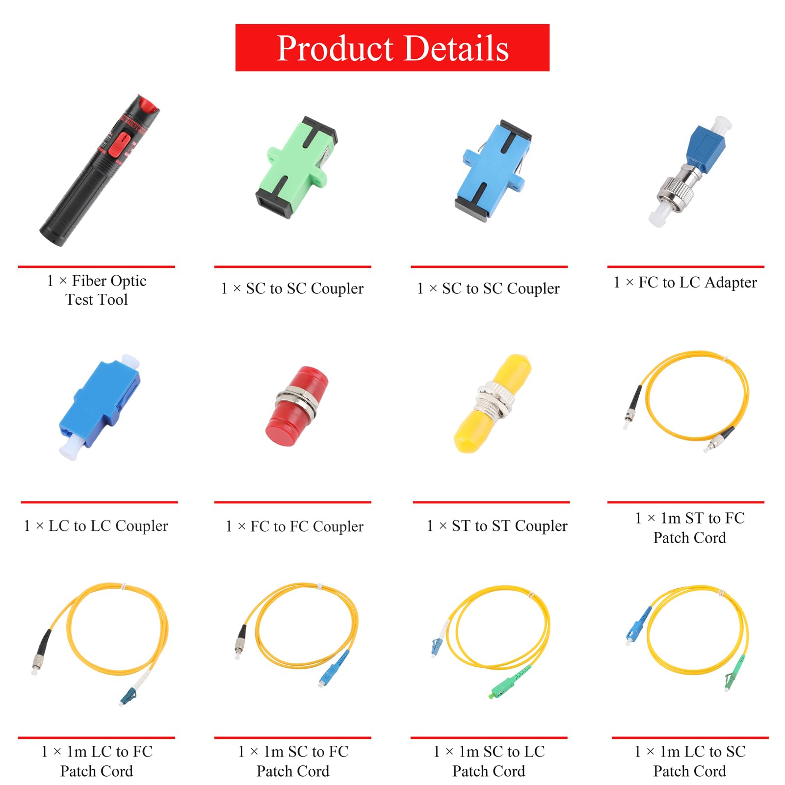Glasfaser Tester 15MW 15KM Visual Fault Locator mit FC-Stecker auf LC-Buchse Glasfaser Tester Adapter,LWL Kupplung und 5x SC/APC ST/UPC FC SC LC Glasfaserkabel