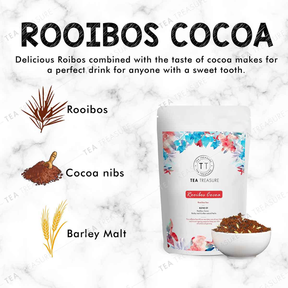 Tea Treasure Rooibos Cocoa Red Tea 100gm | Caffeine-Free Herbal Tea | Rich in Antioxidants | Improves Digestion | Aids Sleep | Skin Glow Support | Cocoa & Barley Malt Blend 2