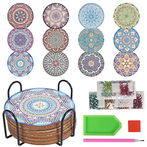 KOSHIFU 12 STK Diamond Painting Untersetzer mit Halter DIY 5D Mandala Kork Keramik Untersetzer mit Diamond Painting Werkzeug für Gläser Weingläser Vasen Erwachsene zum Basteln Cover