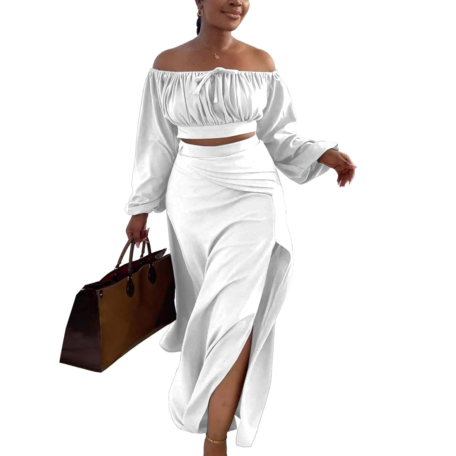 Women's 2 Piece Skirt Outfits Sexy Off Shoulder Lantern Long