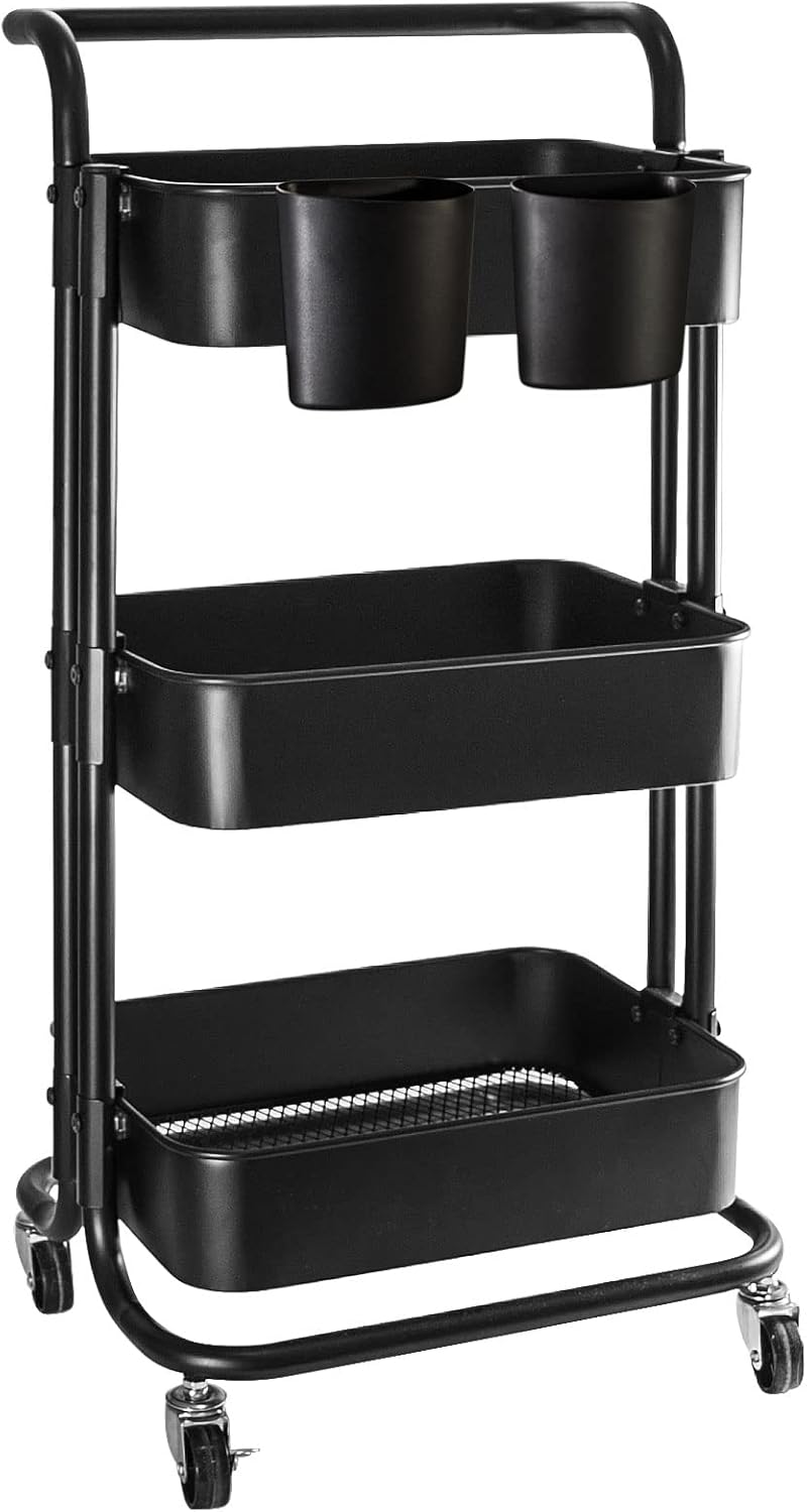elabo 3-Tier Metal Rolling Utility Cart with 2 Lockable Wheels Storage Organizer Shelf for Kitchen, Bedroom, Bathroom, Office, Living Room : Office Products