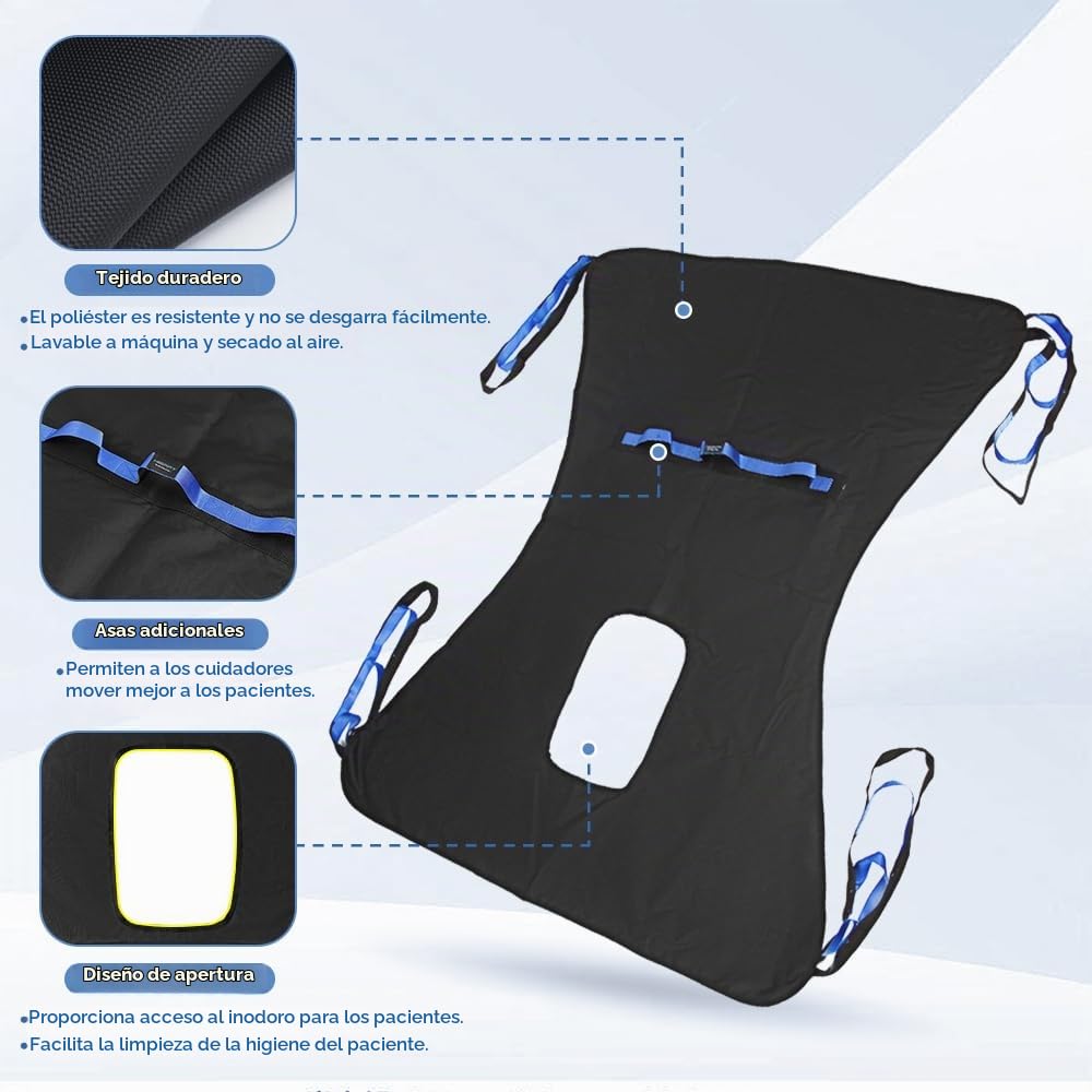 Ir al baño Cinturón Elevadores Paciente Levantamiento médico Equipos Bariatric Hándicap Elevación Cómoda Honda Cinturón transferencia médica con soporte de cuatro puntos Sling cuerpo completo (negro)