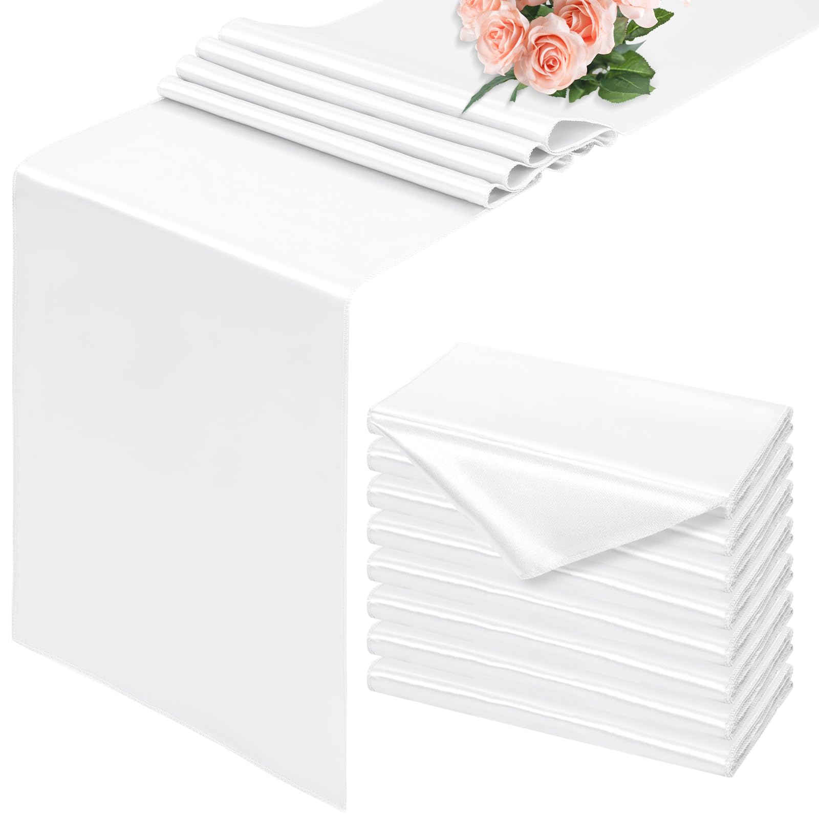 8 Pack White Table Runner, 30 x 183 CM Satin Table Runner, Smooth Silk Table Runners for Dining Table, Wedding, Party, Banquet, Events, Graduations, Engagements