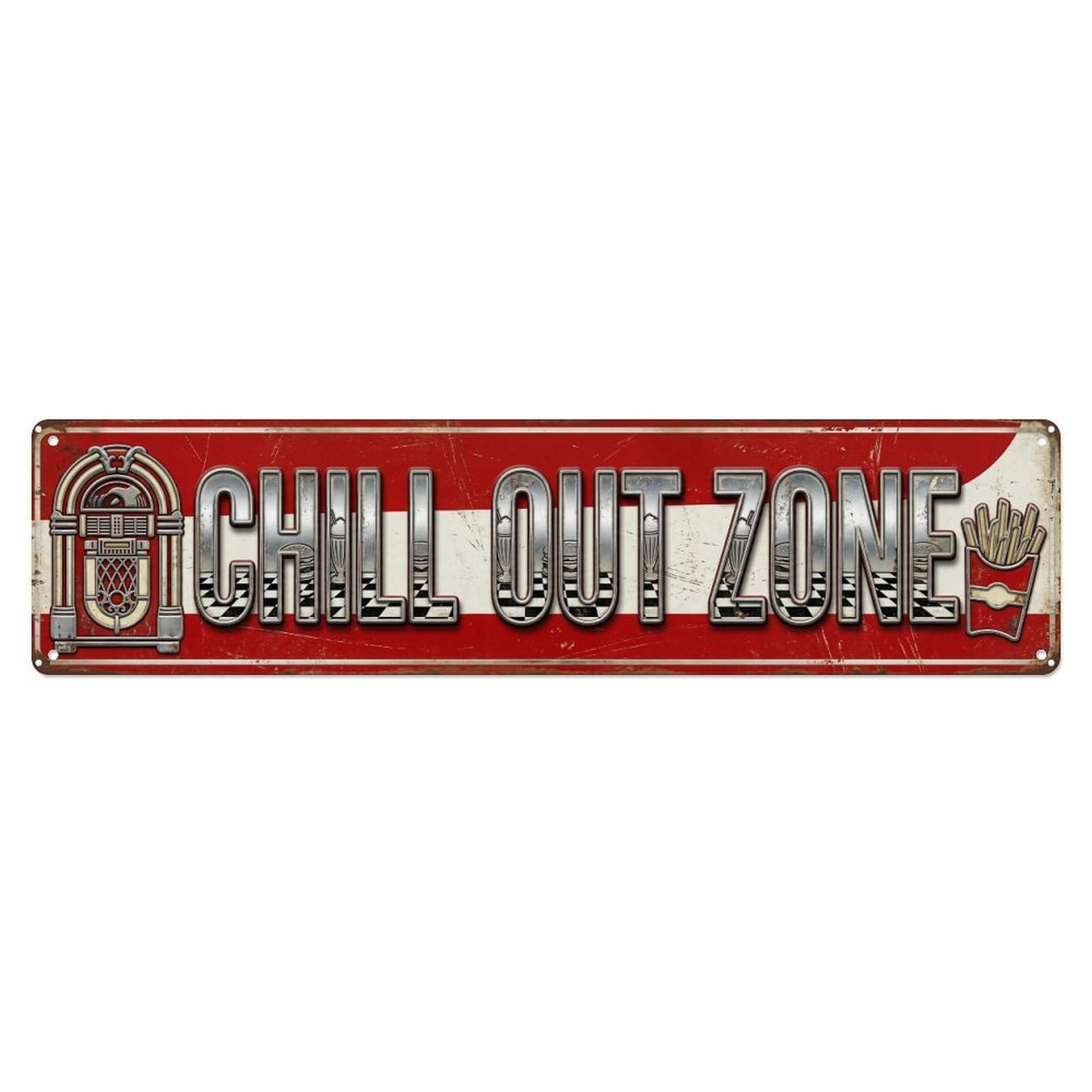 Chill Out Zone Aged Diner 5 Metal Tin Skinny Sign Plaque Wall Decor for Cafe, Club Bar, Office, Home Garden Metal Poster 4x16Inch