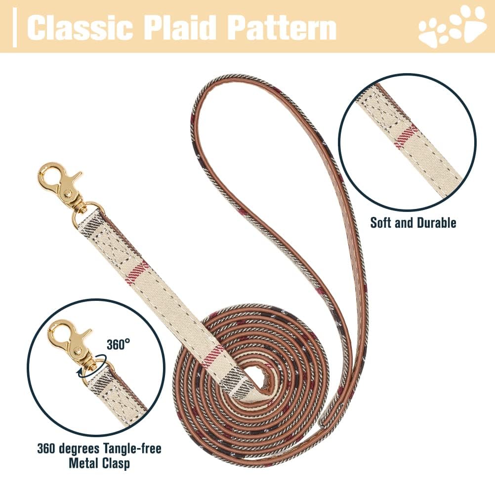 EXPAWLORER Classic Plaid Dog Collar with Bow Tie and Pawprint Bandana, No Tangle Lead, Adjustable for Small Medium Dogs Brown Medium - Image 3