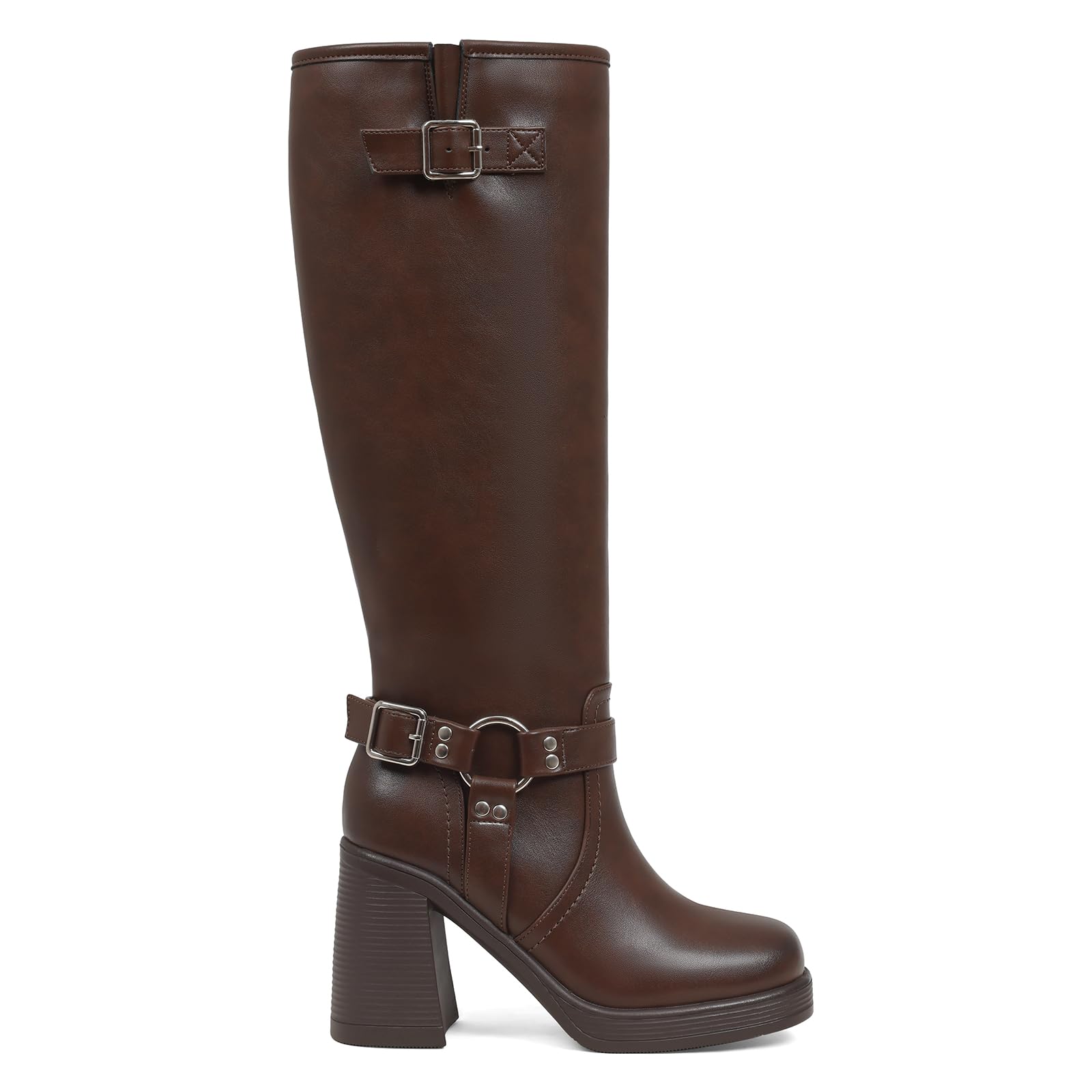 AOSPHIRAYLIAN Knee High Boots Chunky Heel Buckle Calf Boots Womens Square Toe Fashion Shoes with Zipper