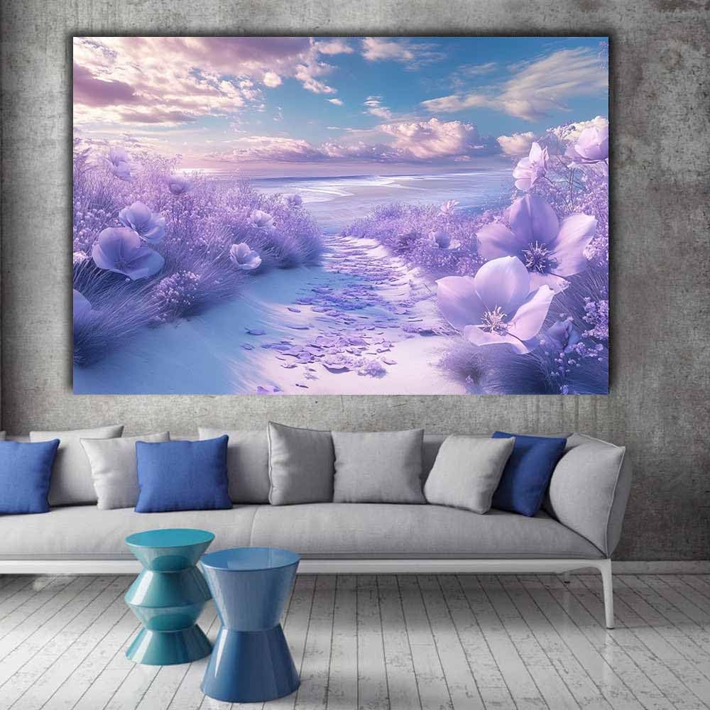 QUSAAOU LandschaftsgemäLde Auf Lavendelblüten an sandigem Strand Moderne Leinwandbilder FüRs Wohnzimmer Geeignet FüR Schlafzimmer Badezimmer Und BüRos(Violett)-80x120cm Ungerahmt