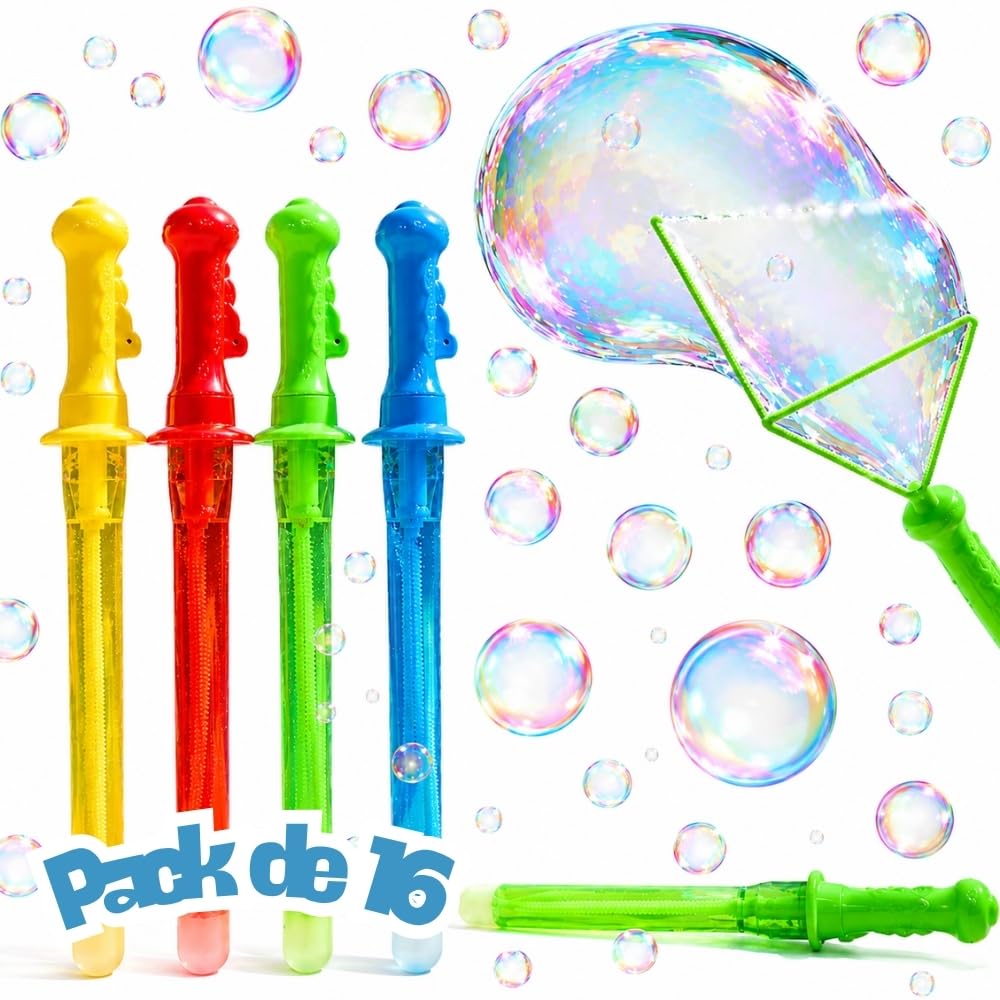 Confezione da 16 bacchette per bolle grandi, 45 cm, con 100 ml di soluzione, 4 colori assortiti per bambini, compleanni e giochi all'aperto