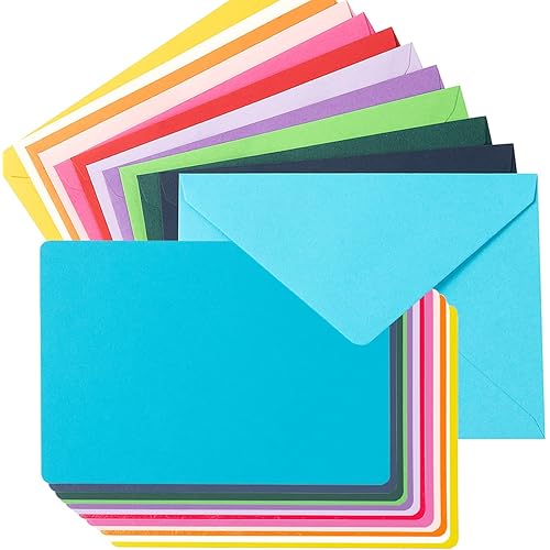 Wishop A7 Colorful Gummed Envelopes and Blank Cards 24 Pieces A7 Envelopes and 24 Pieces 5x7 Colorful Flat Cards for Weddings, Invitations, Birthday, Baby Shower (Multicolor)