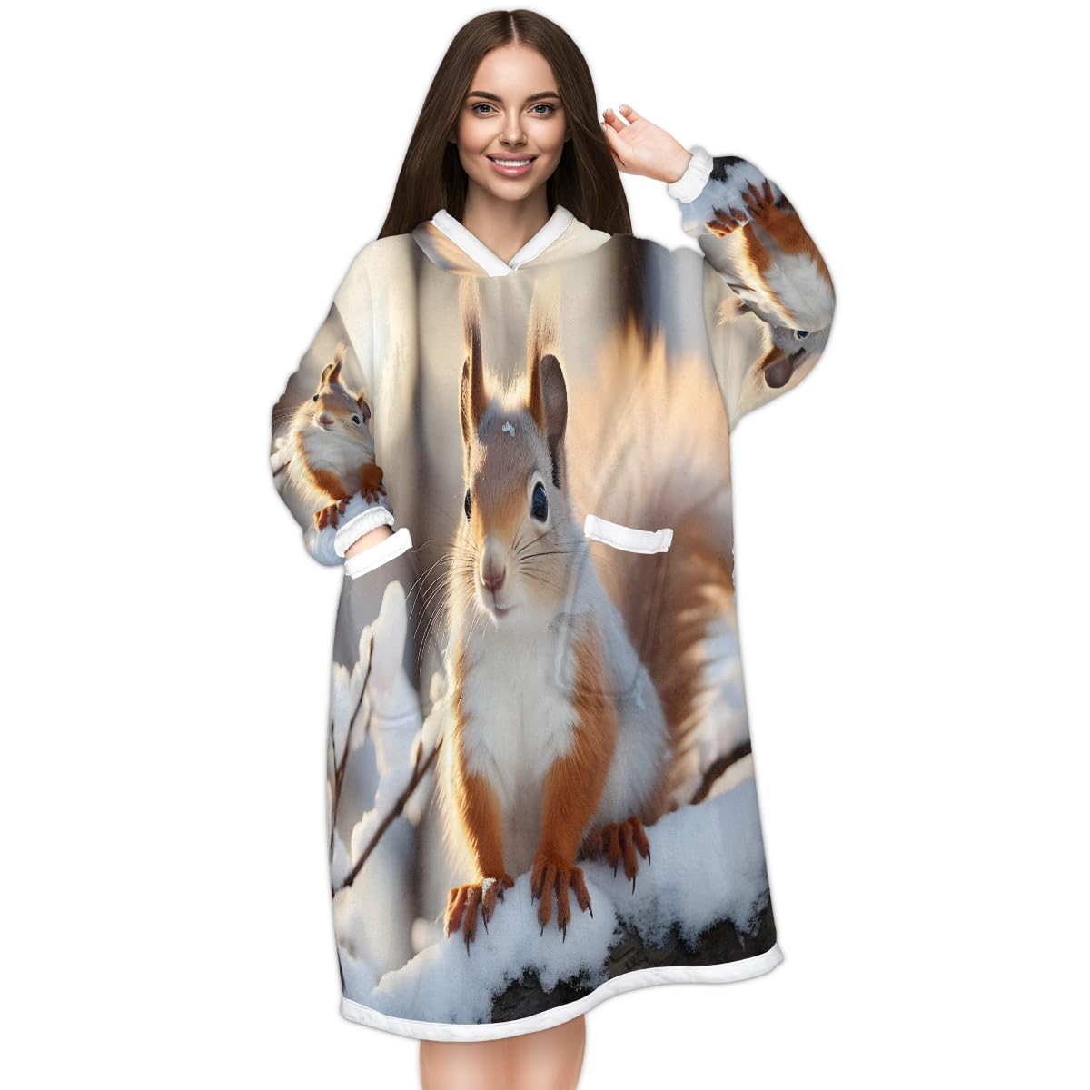 Pardick Wearable Blanket Hoodie Squirrel Oversized Fleece Hoodie Blanket Warm Sweatshirt Winter Snow Thick Hooded Blanket Gifts for Women Men
