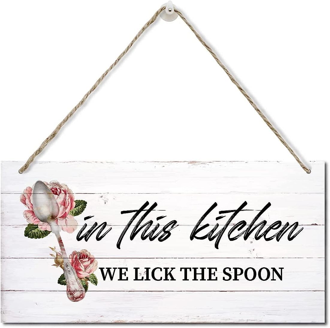 in This Kitchen We Lick The Spoon Sign,Wood Plaque Sign Wall Hanging,Home Decor,Vintage Funny Kitchen Decor Signs,Farmhouse Kitchen Decor Wall Sign 10x5 inch