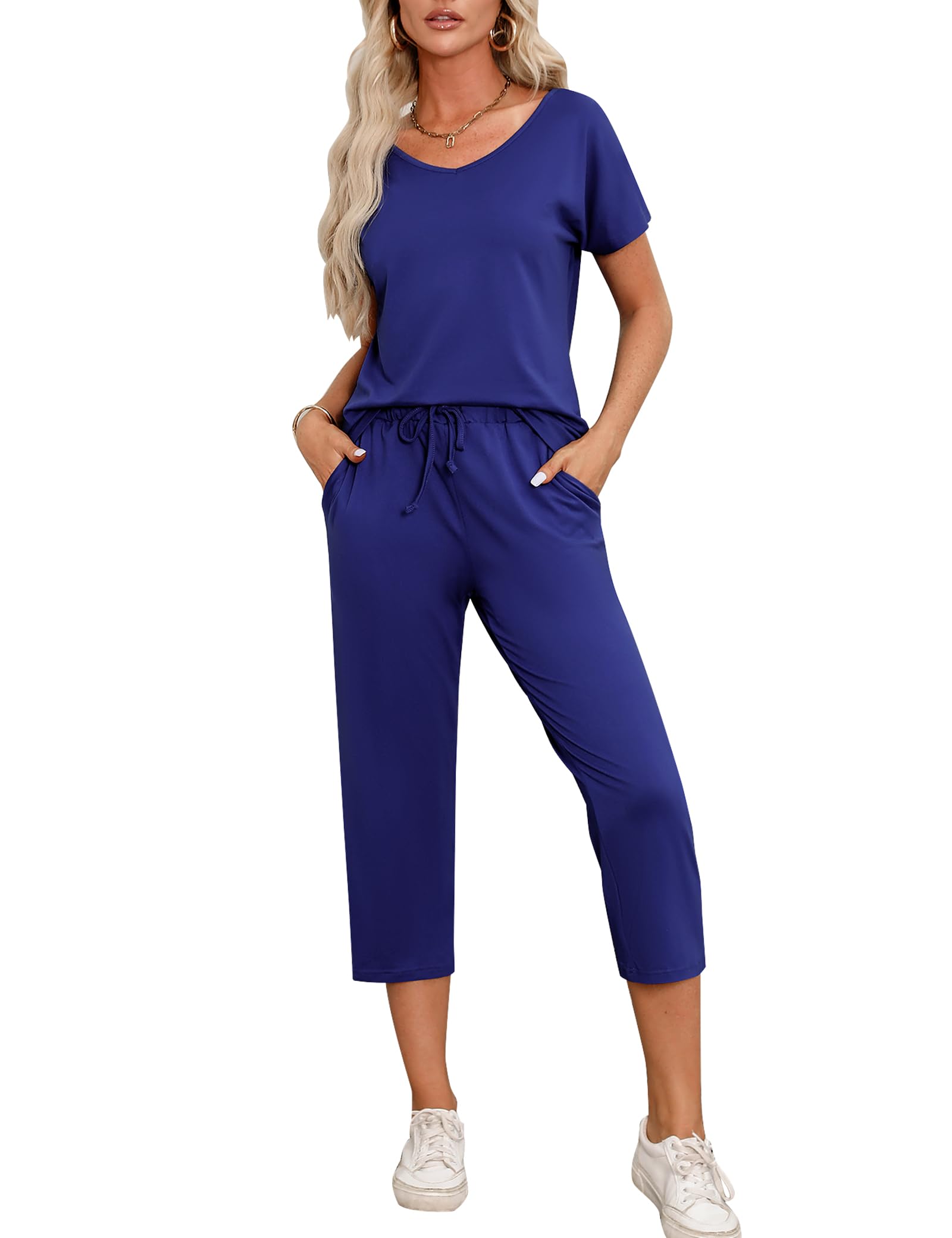 Totatuit Trainingsanzug Damen Sommer Tracksuit Kurzarm ärmel Tops und 3/4 Hose Elastischer Bund Dehnbarer Jogginganzug Elegant Hausanzug Loungewear Zweiteiler Outfit Set