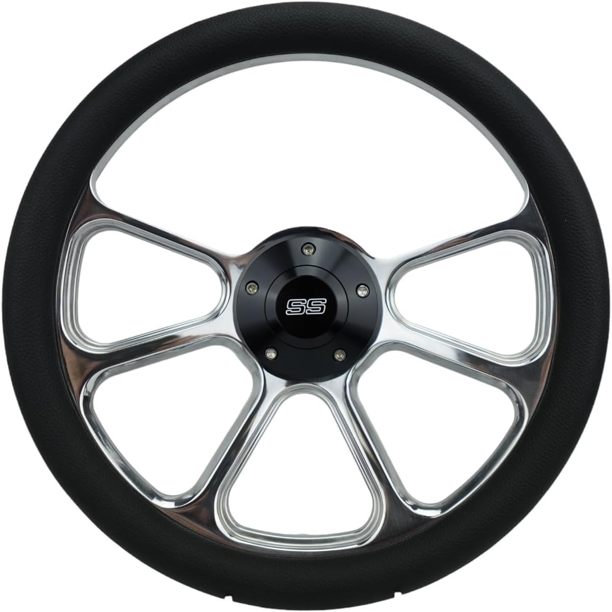 14" Billet Muscle Steering Wheel with Black Vinyl Wrap and Black SS Horn -5 Hole