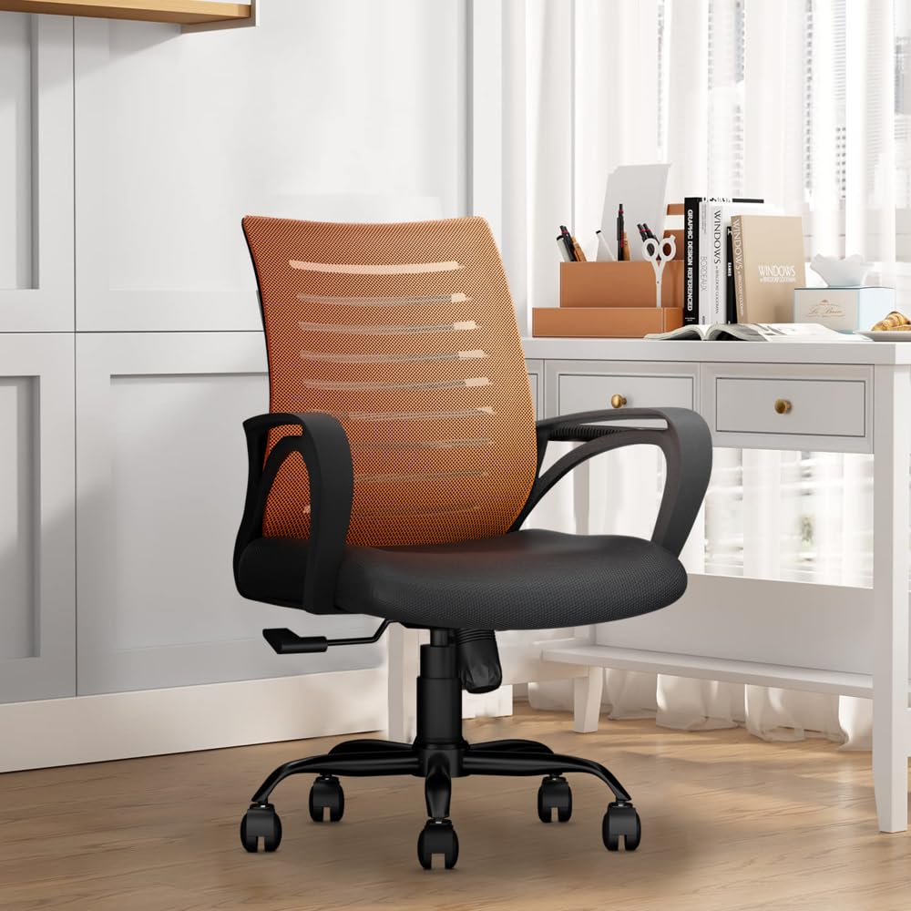 CELLBELL Desire C104 Mesh Mid Back Chair | Ergonomic Office, Study, Revolving, Computer Chair for Work from Home Heavy Duty Metal Base, Seat Height Adjustable (Orange)
