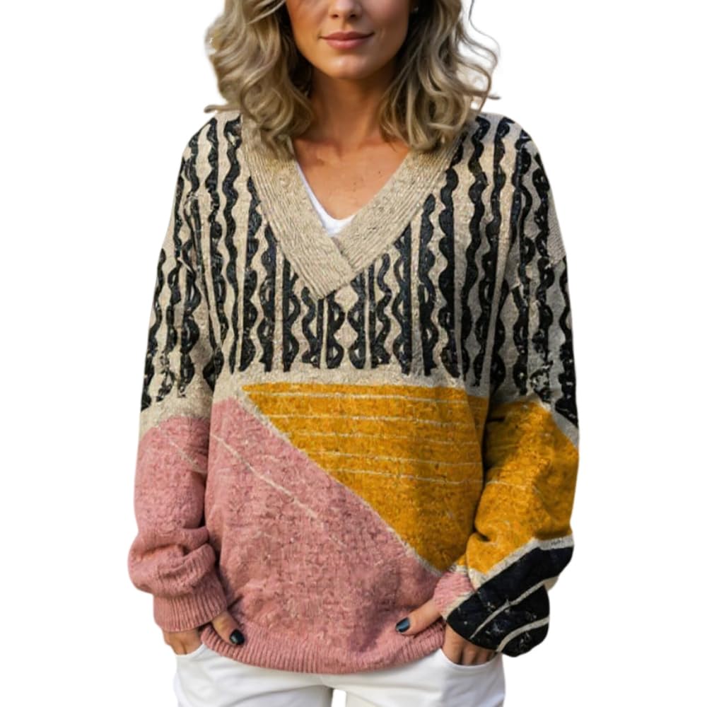 Womens Fall Cute Graphic Print Long Sleeve V Neck Sweaters Vintage Lightweight Cozy Casual Loose Fit Pullover Tops
