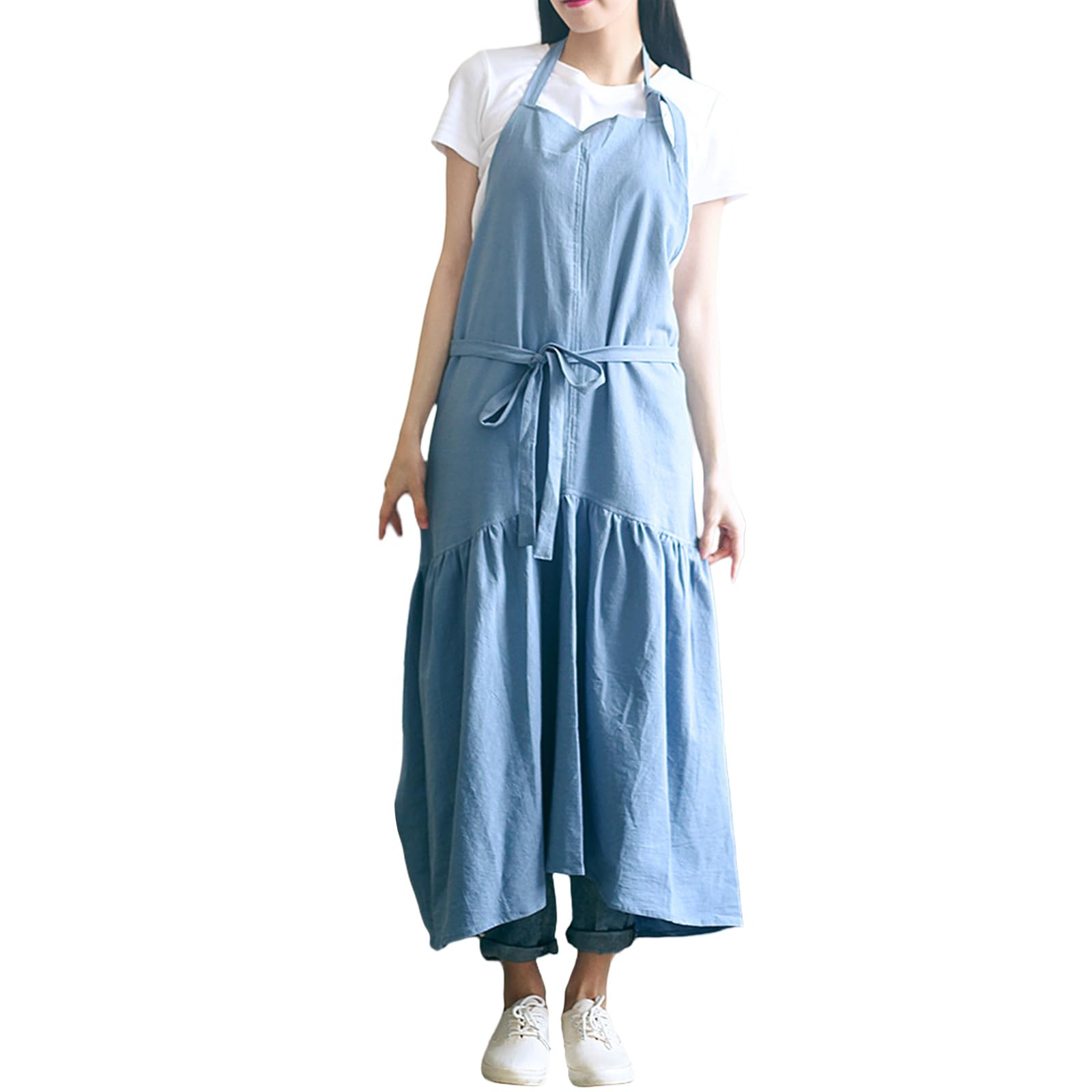 Elnwnnkc Linen Apron Full Coverage Breathable Kitchen Baking Cooking Apron Ruffled Plain Work for Kitchen Cafe Stain Resistant