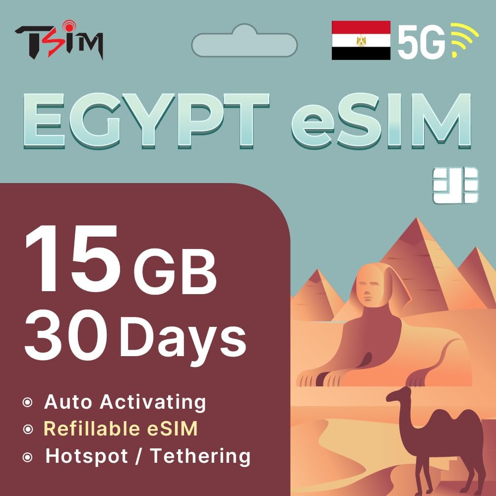 TSIM Egypt eSIM 30 Days | 15GB High Speed Data | Auto Activating | Hotspot Sharing Allowed | eSIM QR Code Sent by email Within 24Hrs of Shipping | Scan QR Code and use Immediately | Data Only No Voice