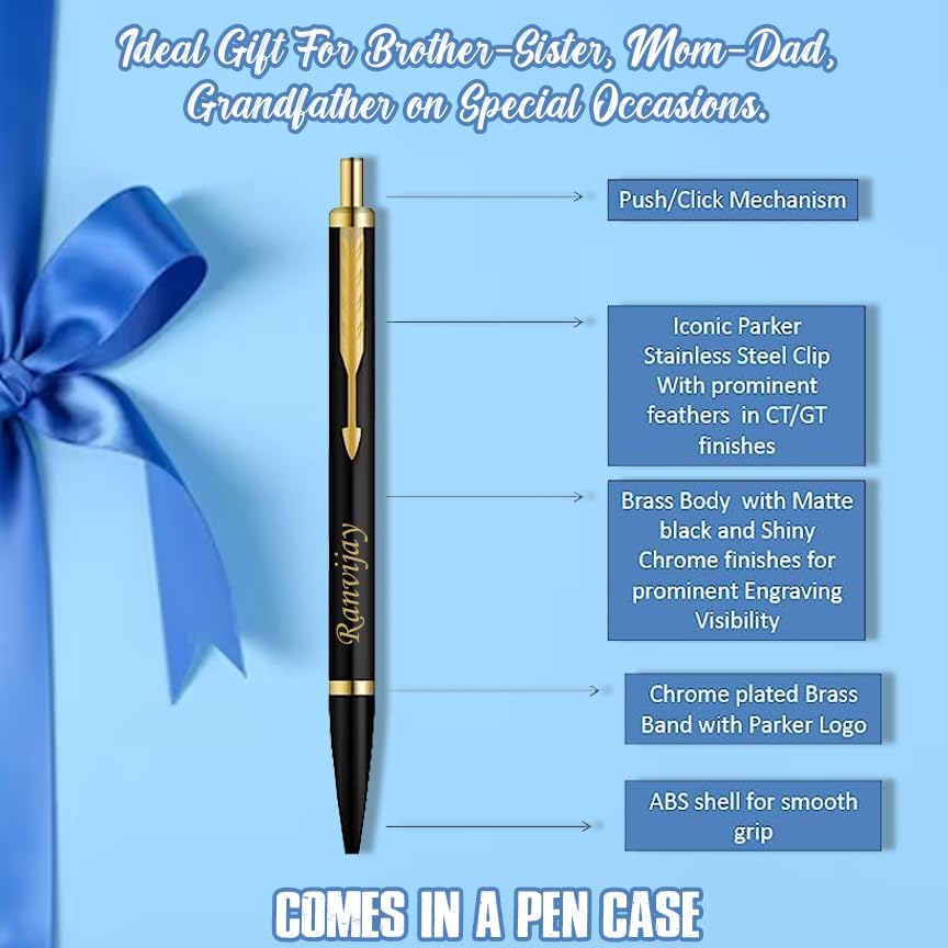 Image of Savri Personalized Parker Black Ball Pen with Name Engraved.Ideal for Corporate Gifting, Special Occasions - Customized Name- Best Gift for Birthdays, Professionals, Graduation, Promotion, Anniversary
