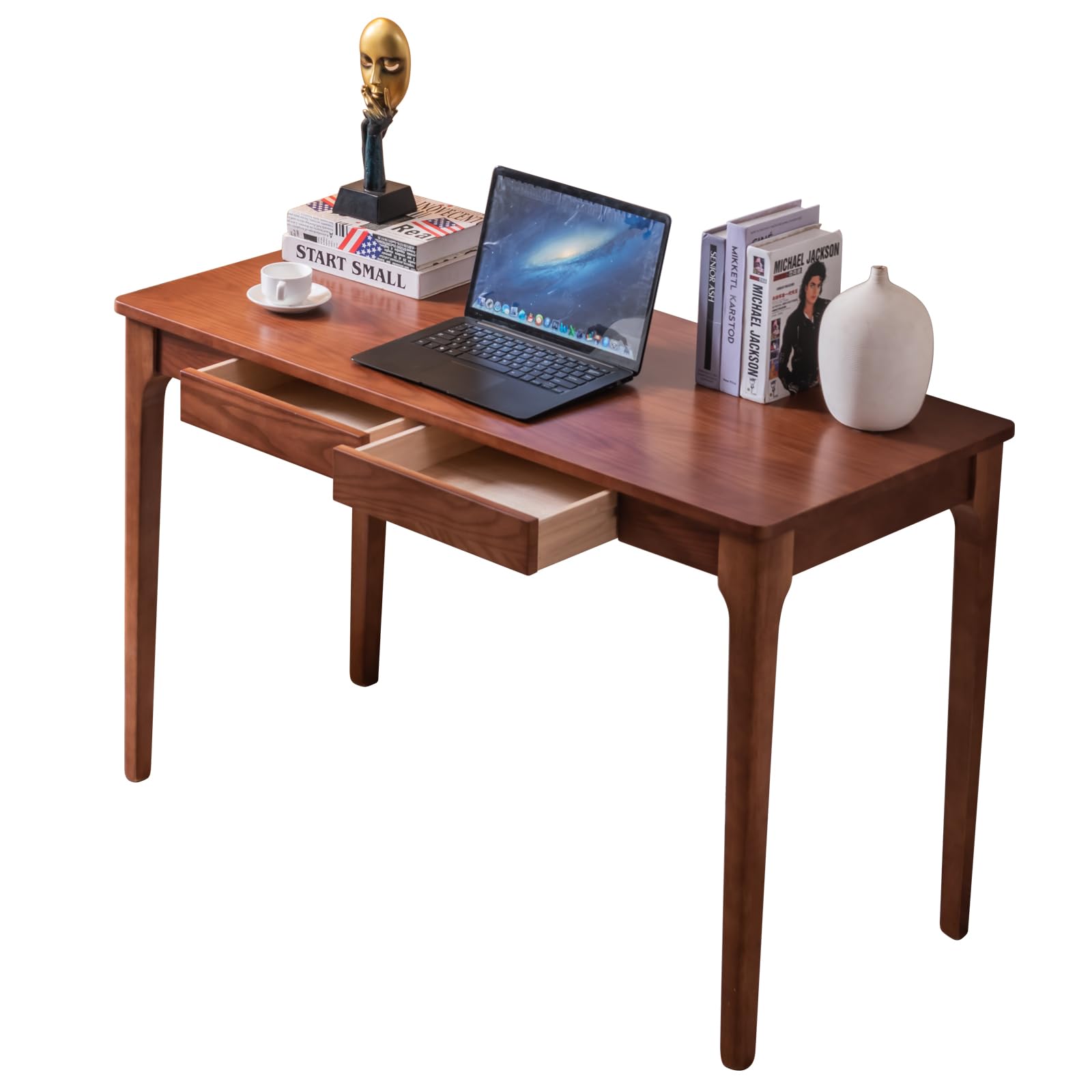 Solid Wood Desk with Drawers, Home Office Desk for Small Spaces, Gaming Work Study Desk, Student PC Desk for Bedroom, Easy to Assemble (Cherry Color, 47.2 inch)