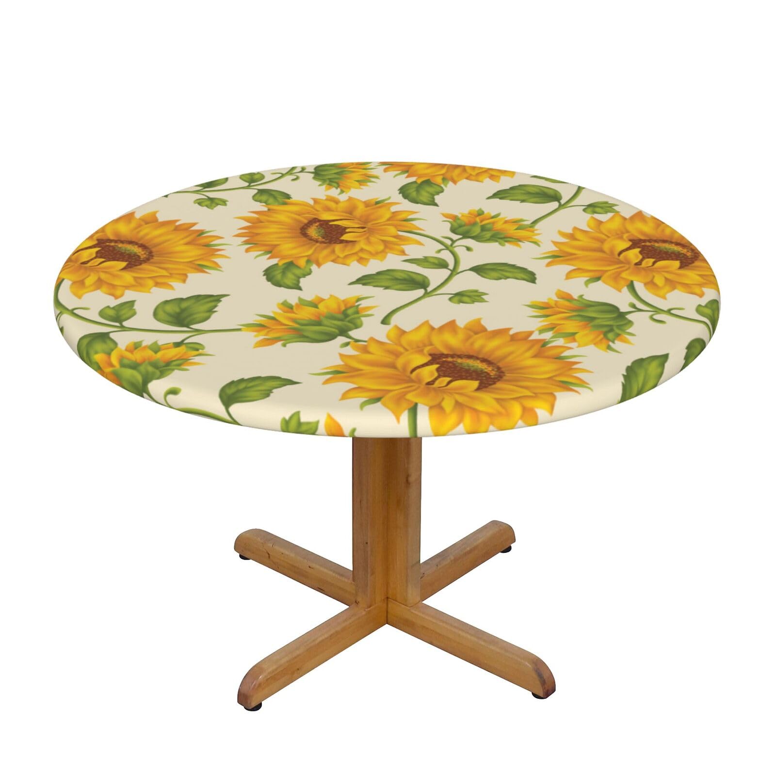 Ffshkowe Fresh Sunflower Elastic Round Tablecloth Oil Proof Table Cover For Dining Party Picnic