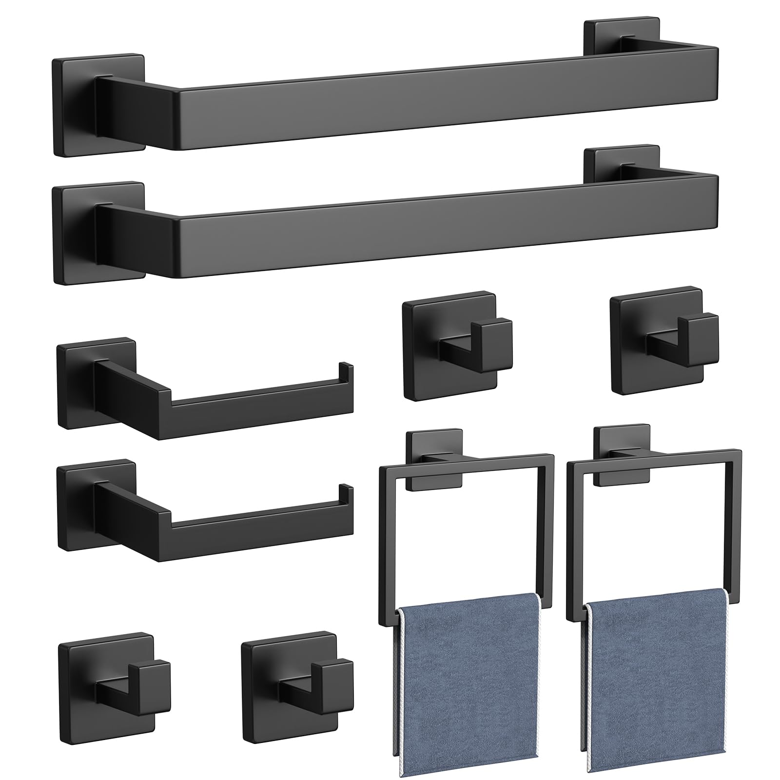 10-Pieces Matte Black Bathroom Accessories Set 16 Inch Bath Towel Bar Set SUS 304 Stainless Steel Bathroom Hardware