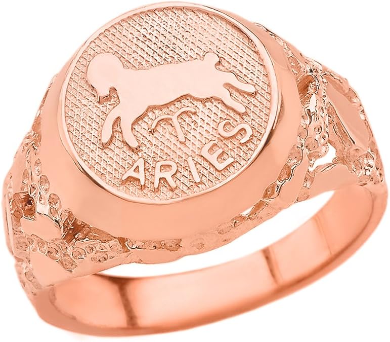 Solid 10k Rose Gold Aries Zodiac Sign Band Nugget Men's Ring