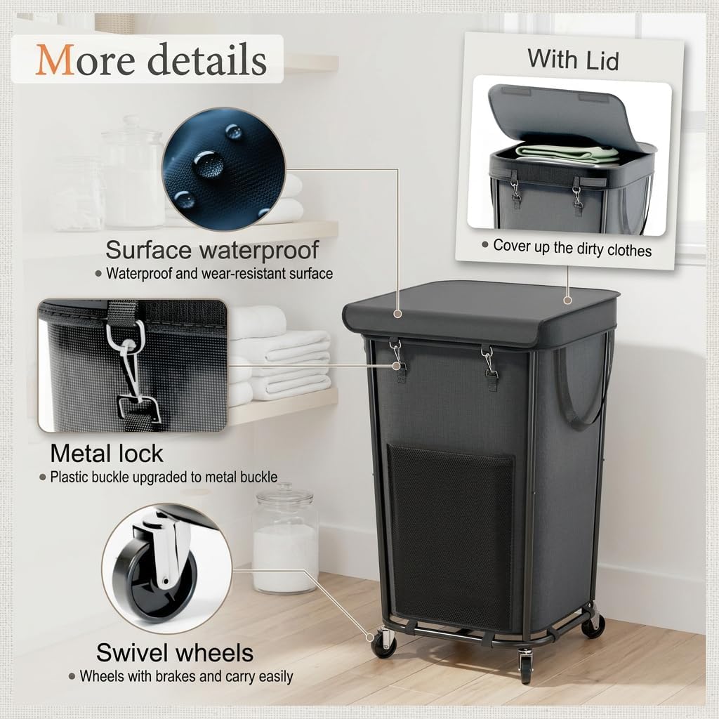 Homedepal 160L Rolling Laundry Basket with Wheels & Removable Bag - Easy‑Move Hamper for Bathroom and Laundry Room (160L Black with Cover)
