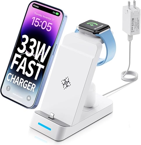 Estación de carga rápida PD de 33 W para múltiples dispositivos Apple, TYCRALI 3 en 1 estación de carga para productos Apple diseñada para iPhone,