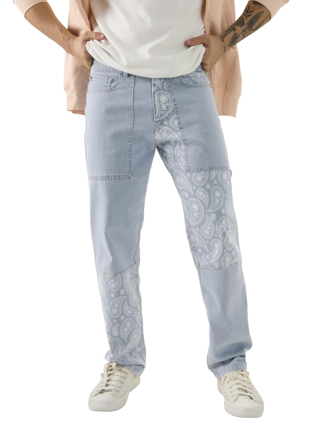 The Souled Store Denim: Air Blue Men and Boys Buttoned Paisley Printed Straight Fit Jeans in blue