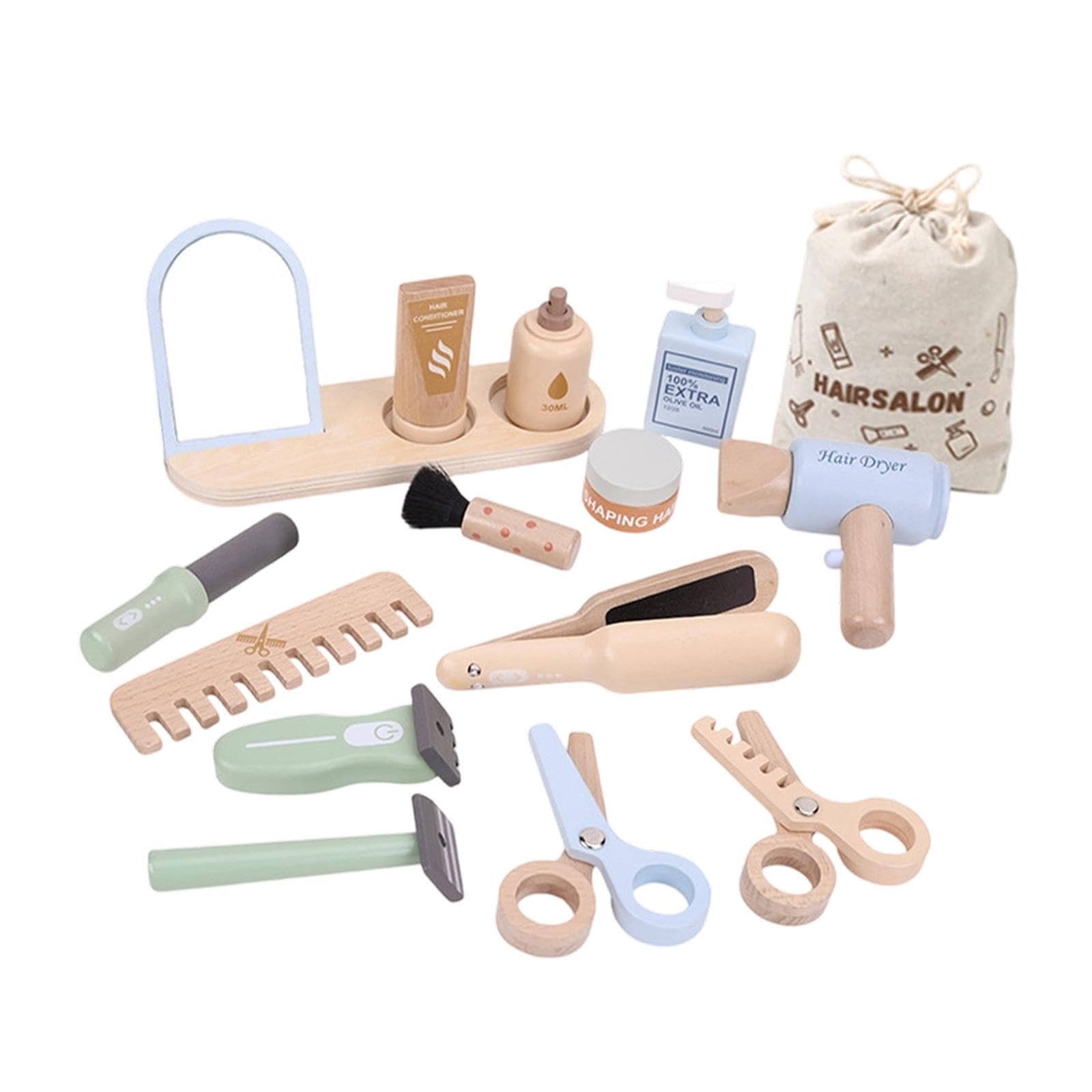 Friseursalon Set Aus Holz, Realistisches Haarstyling Set, Lehrreich, mit Spiegel Und Föhn, Partyspielzeug, Geburtstagsgeschenk