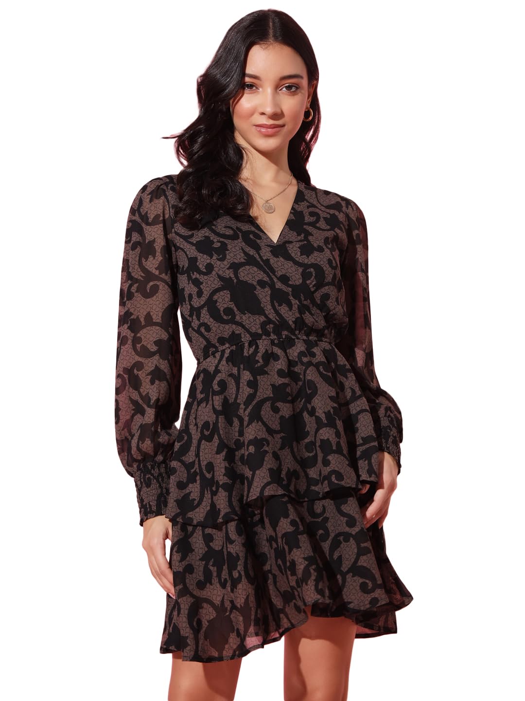 Women's Fit & Flare Lined Dress | Printed Long Sleeve Party Outfit | Lightweight Sheer Fabric | Elegant V-Neck Ruffle Hem Style-image-49