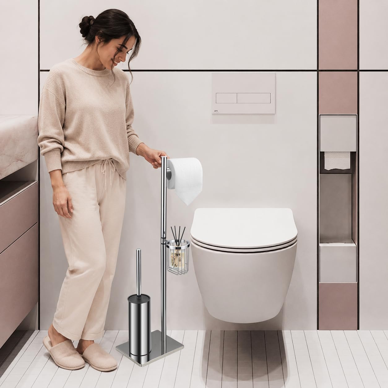 DAZI Brosse Toilettes WC métallique autoportante, Brosse WC avec 2 Balai Toilette WC pour Le Nettoyage en Profondeur de la Salle de Bain (Chrome)